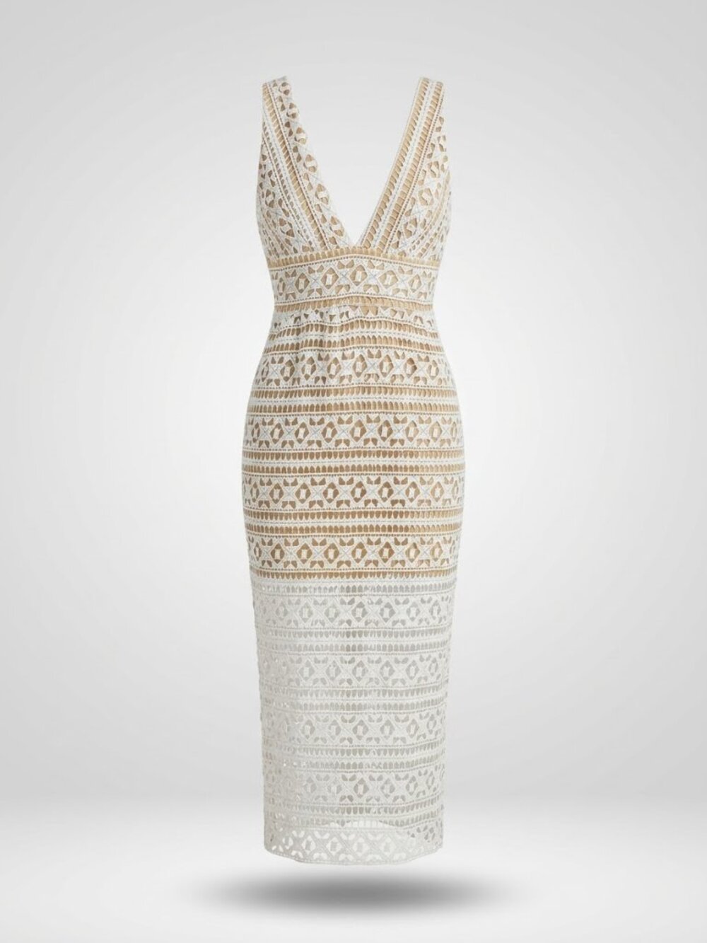 White Crochet Lace Boho Pattern V-neck Dress, Audrey 3+1 Size M